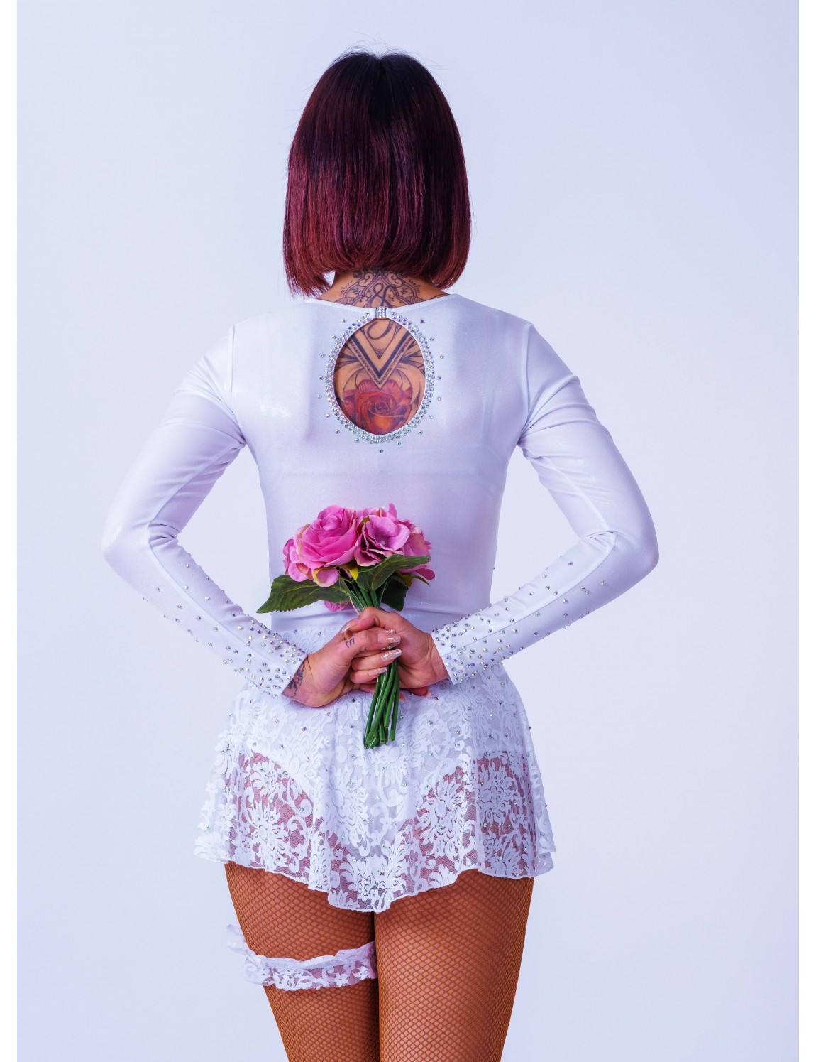 White bridal bodysuit with rhinestones and lace