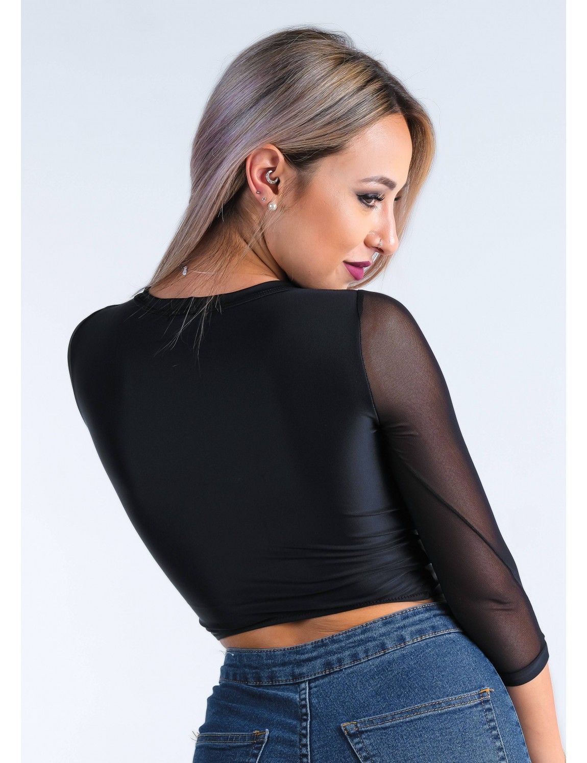 Dance top black lycra with transparencies Stripe for latin dance.